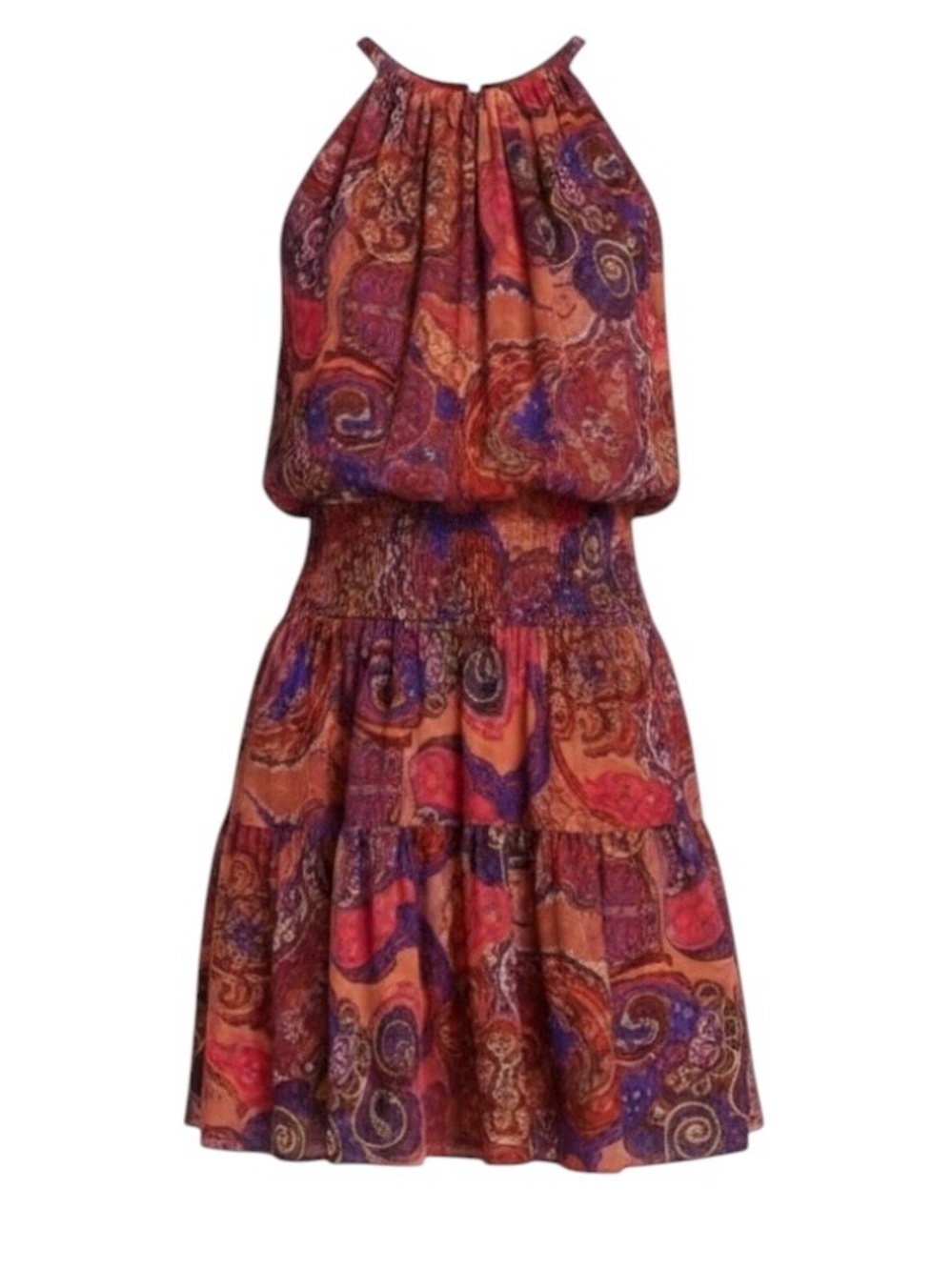 A.L.C. Cory Silk Paisley Sleeveless Halter Neck Smocked Waist Mini Dress, Size 4